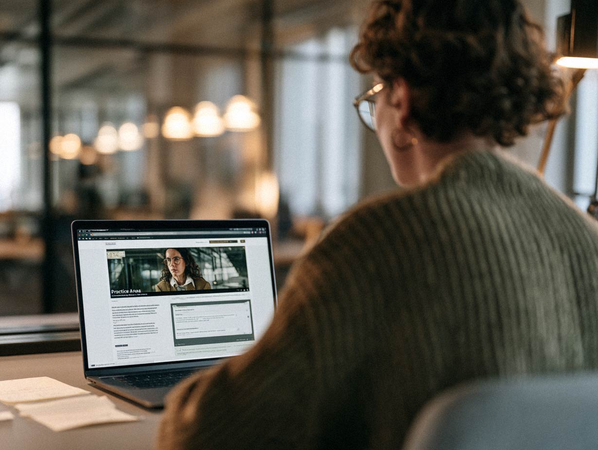 Person betrachtet auf einem Laptop die Website einer Kanzlei mit Anwaltprofil und KI-gestützter Suche