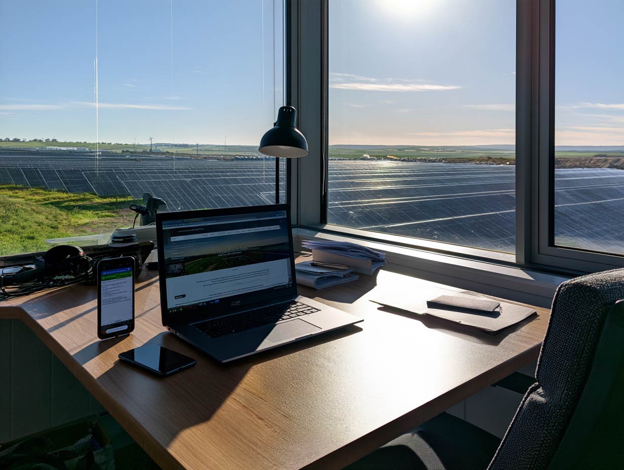 Laptop und Smartphone an einem Arbeitsplatz mit Blick auf eine Photovoltaikanlage