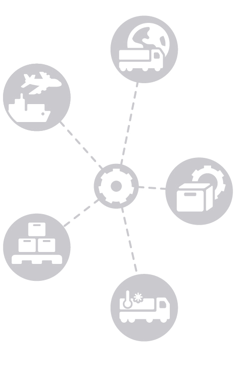 Illustration verschiedener Logistikbereiche mit Luftfracht, Seefracht, Landverkehr, Warehousing und Supply Chain