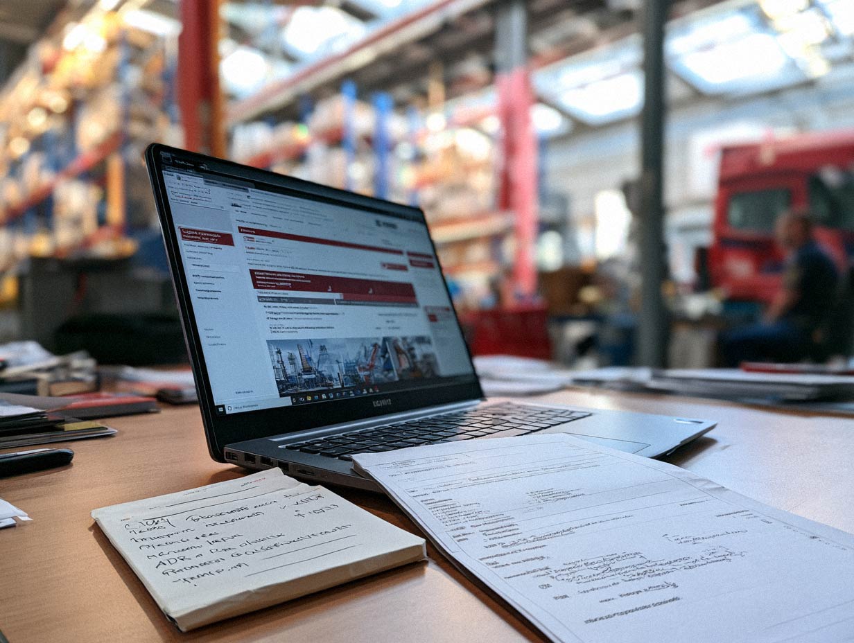 Laptop mit Logistik-Website und Notizen zu Transportrelationen und Anforderungen in einer Lagerumgebung