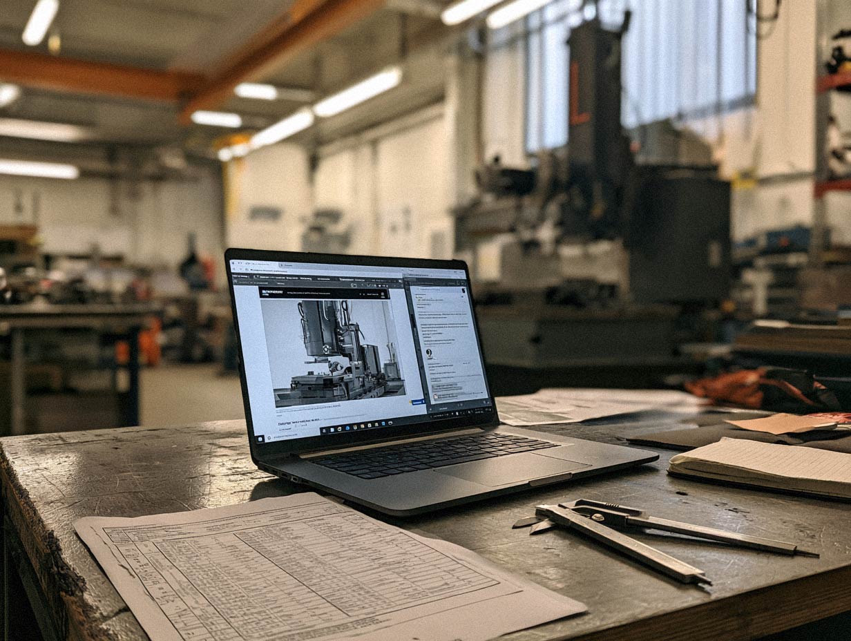Ein Laptop, mit Blättern auf denen Daten zu sehen sind daneben, steht im Vordergrund einer Halle mit Industriemaschinen im Hintergrund.