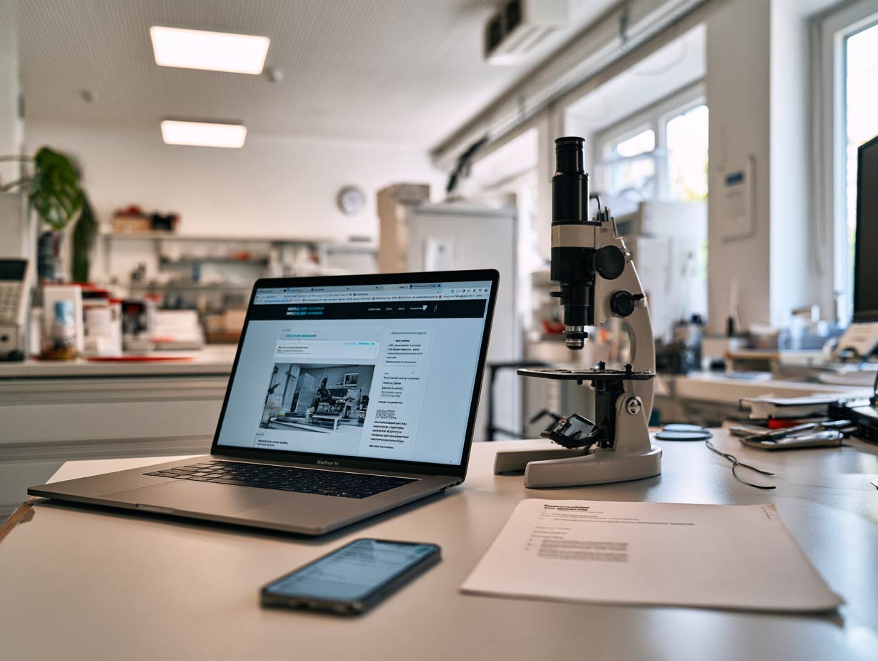 Laptop, Smartphone und Mikroskop an einem Arbeitsplatz in einem medizinischen Labor